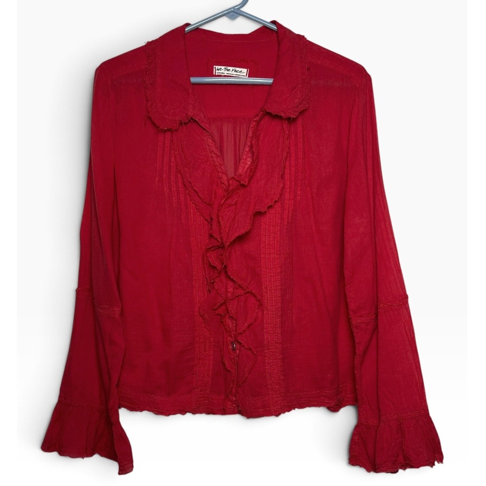 We The Free Free People Red Ruffle Pintuck Cotton Gauze Blouse Size XS